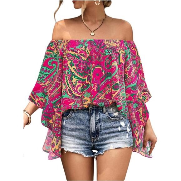Women's Y2K Floral Off Shoulder Blouse Boho Shirt - Picture 1 of 6